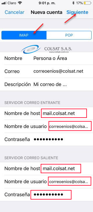 Paso 7 configuración correo en iPhone o iPad